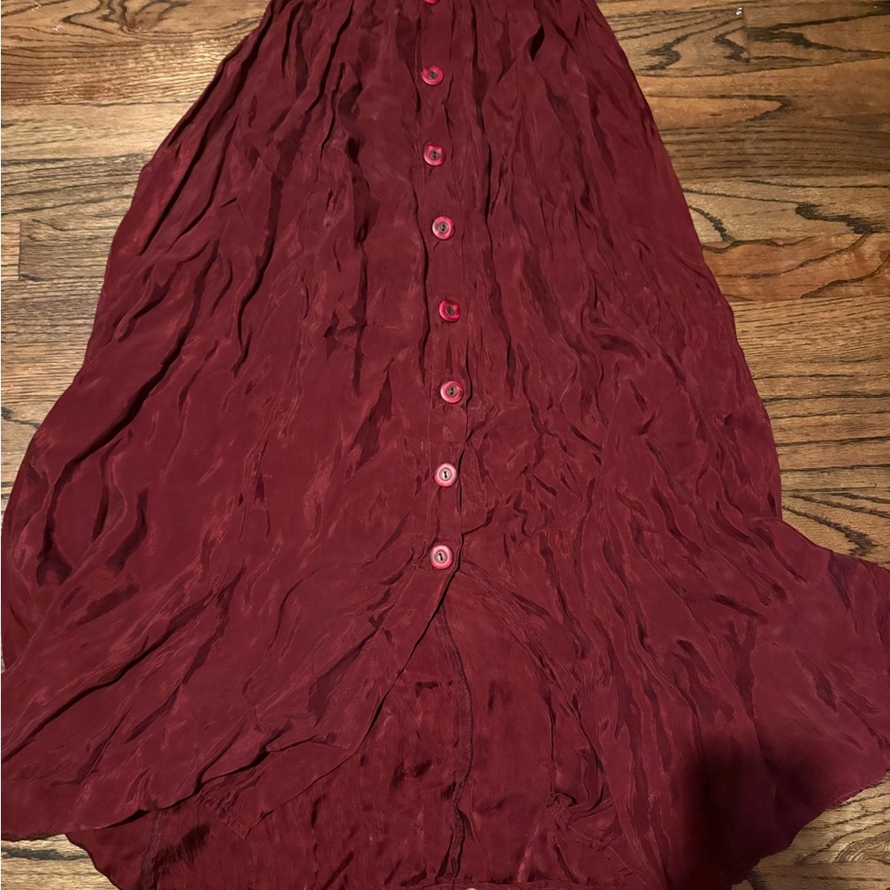 Long burgundy button down skirt